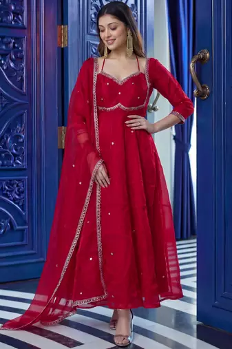 Incredible Maroon Sequins Silk Function Wear Gown With Dupatta