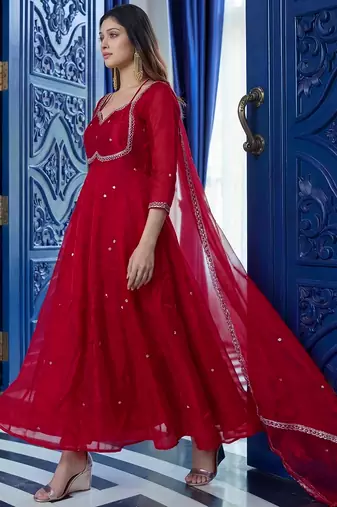 Incredible Maroon Sequins Silk Function Wear Gown With Dupatta