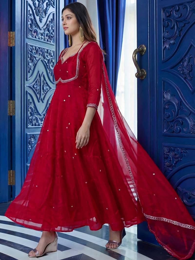 Incredible Maroon Sequins Silk Function Wear Gown With Dupatta