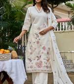 Women  Embroidered  Thread Work Mull Cotton  Kurta with Trouser & With Dupatta