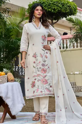 Women  Embroidered  Thread Work Mull Cotton  Kurta with Trouser & With Dupatta