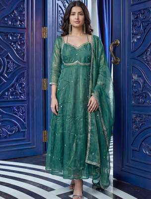 Outstanding Green Sequins Silk Wedding Wear Gown With Dupatta 1