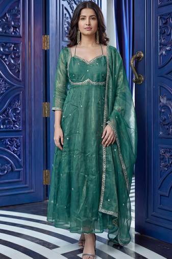 Outstanding Green Sequins Silk Wedding Wear Gown With Dupatta
