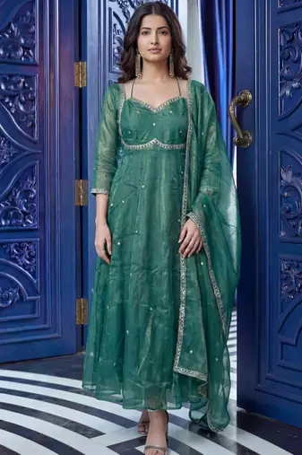 Outstanding Green Sequins Silk Wedding Wear Gown With Dupatta