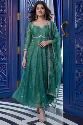 Outstanding Green Sequins Silk Wedding Wear Gown With Dupatta
