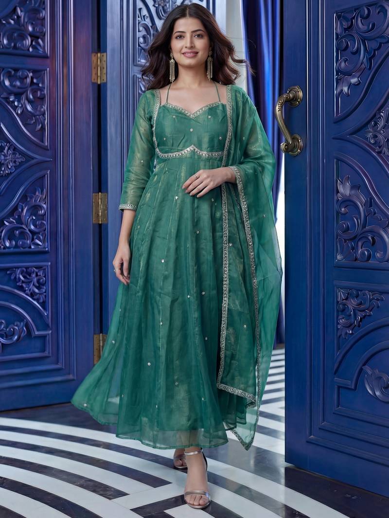 Outstanding Green Sequins Silk Wedding Wear Gown With Dupatta