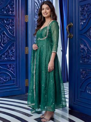 Outstanding Green Sequins Silk Wedding Wear Gown With Dupatta 3