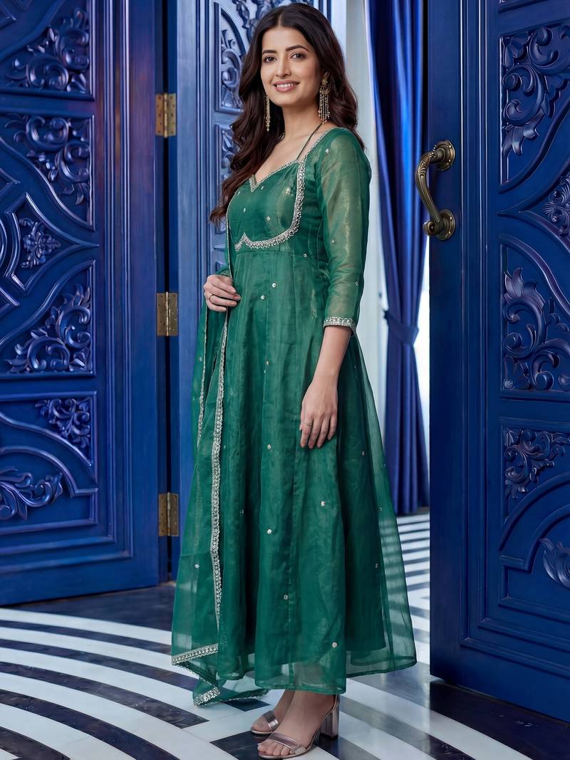 Outstanding Green Sequins Silk Wedding Wear Gown With Dupatta