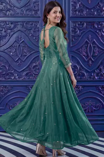 Outstanding Green Sequins Silk Wedding Wear Gown With Dupatta