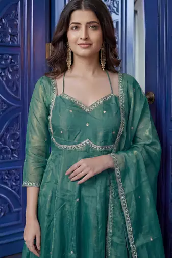 Outstanding Green Sequins Silk Wedding Wear Gown With Dupatta