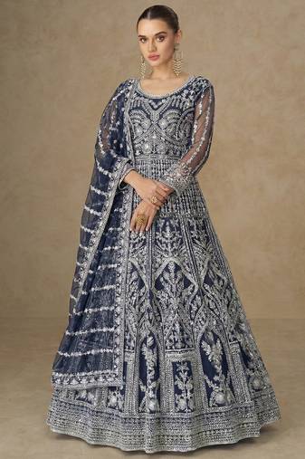 Designer wedding wear net anarkali suit for women navy blue color