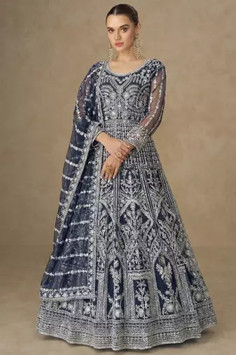Designer wedding wear net anarkali suit for women navy blue color