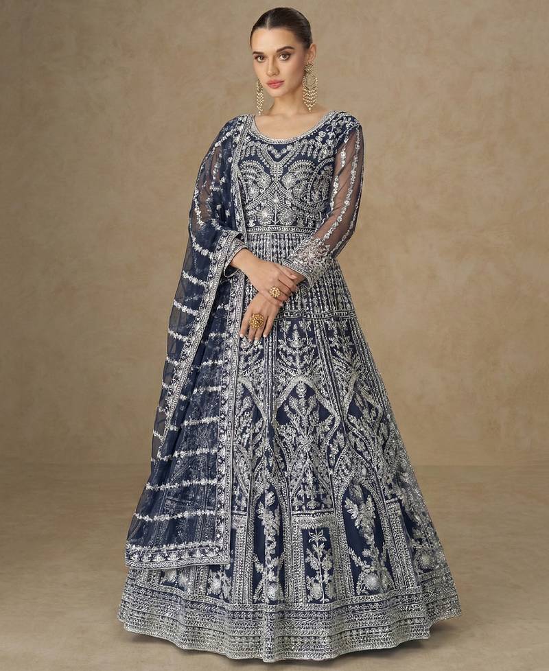 Designer wedding wear net anarkali suit for women navy blue color