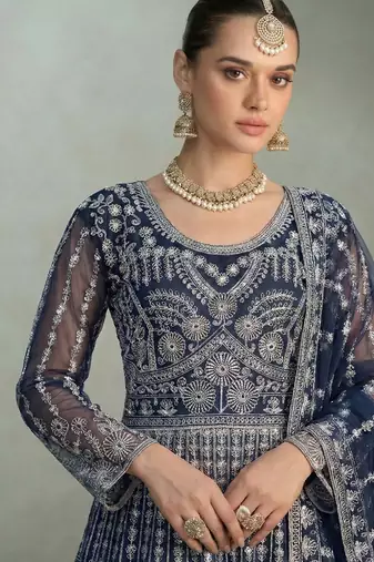 Designer wedding wear net anarkali suit for women navy blue color