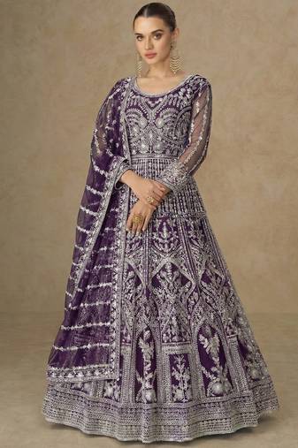 Designer wedding wear net anarkali suit for women purple color