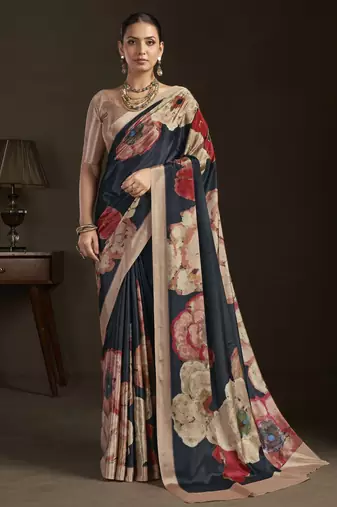 black color stylish digital printed silk blend crepe fabric saree for trendy looks