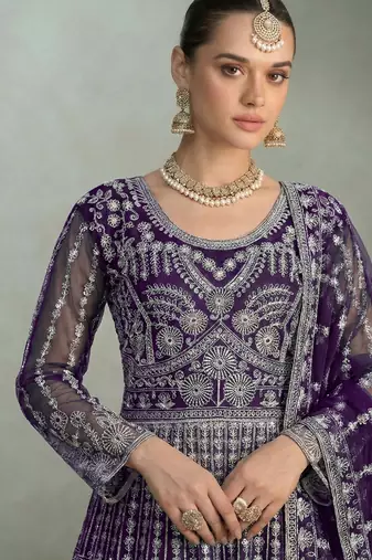 Designer wedding wear net anarkali suit for women purple color