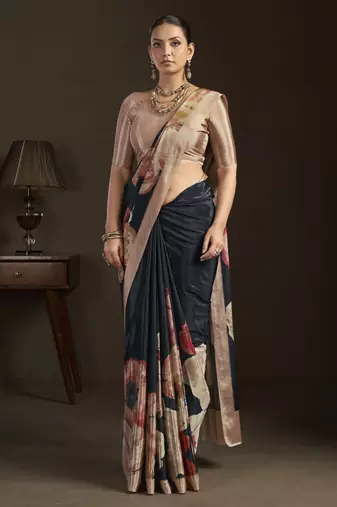 black stylish digital printed silk blend crepe saree trendy looks