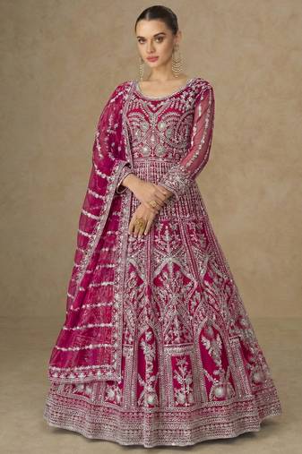 Designer wedding wear net anarkali suit for women pink color