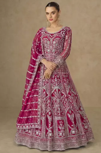 Designer wedding wear net anarkali suit for women pink color