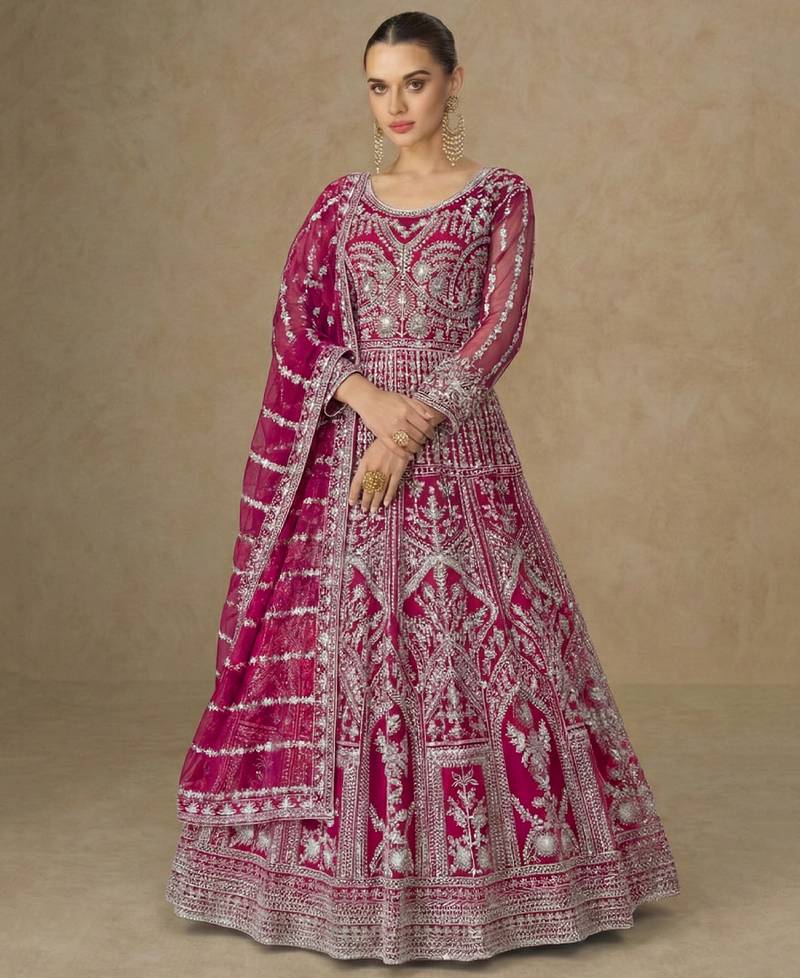 Designer wedding wear net anarkali suit for women pink color