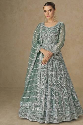 Designer wedding wear net anarkali suit for women tan color