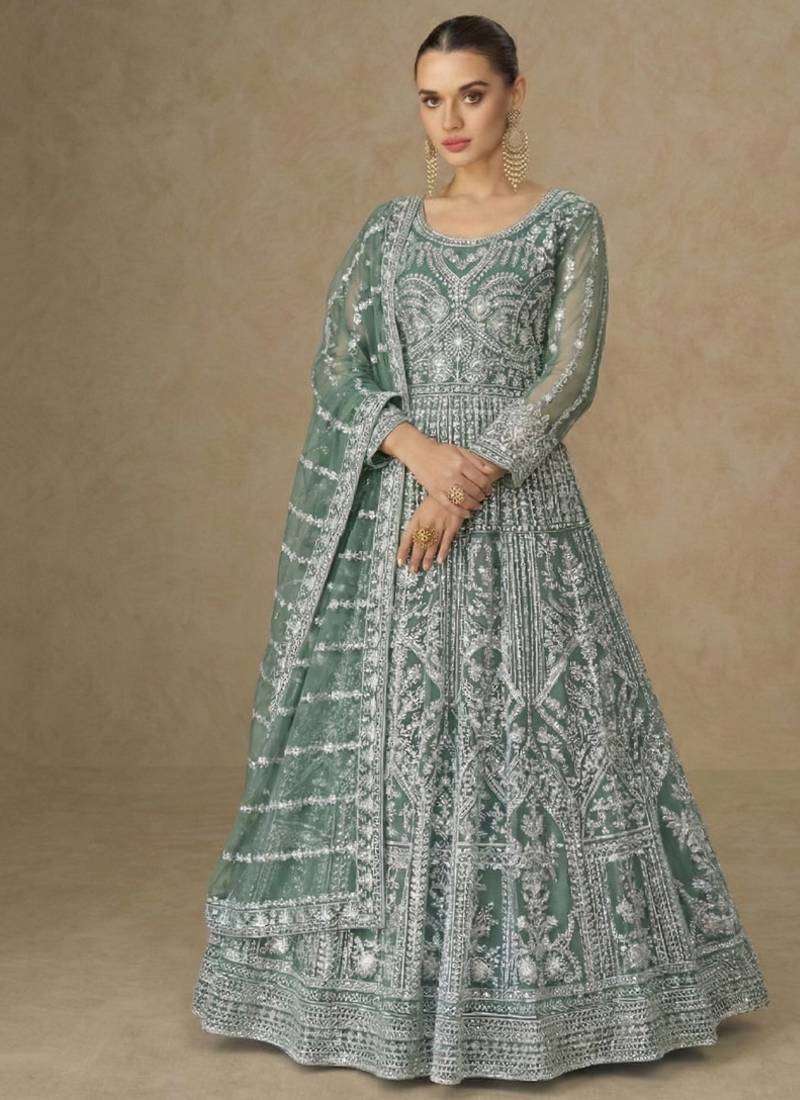 Designer wedding wear net anarkali suit for women tan color