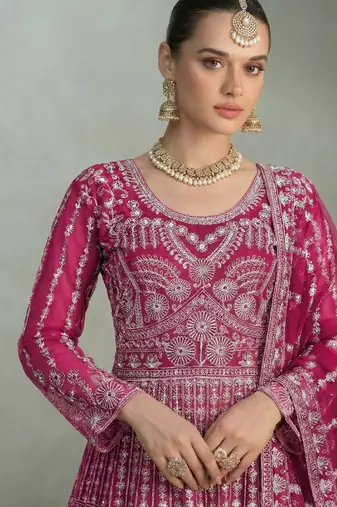 Designer wedding wear net anarkali suit for women pink color
