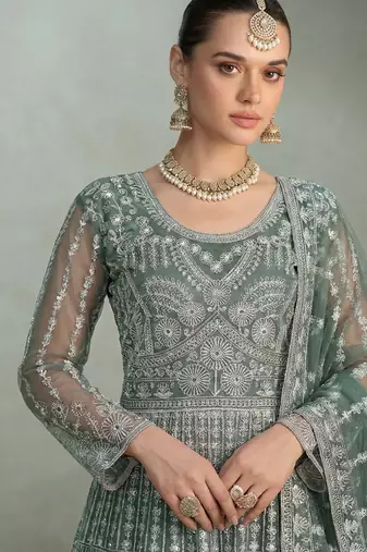 Designer wedding wear net anarkali suit for women tan color