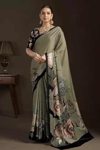 pista color stylish digital printed silk blend crepe fabric saree for trendy looks