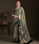 pista color stylish digital printed silk blend crepe fabric saree for trendy looks