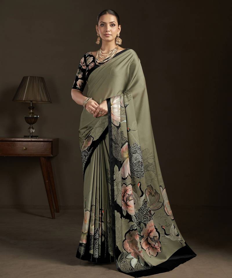 pista color stylish digital printed silk blend crepe fabric saree for trendy looks