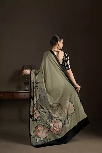 pista stylish digital printed silk blend crepe saree trendy looks