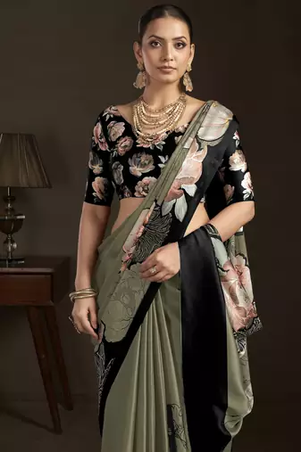 pista stylish digital printed silk blend crepe saree trendy looks