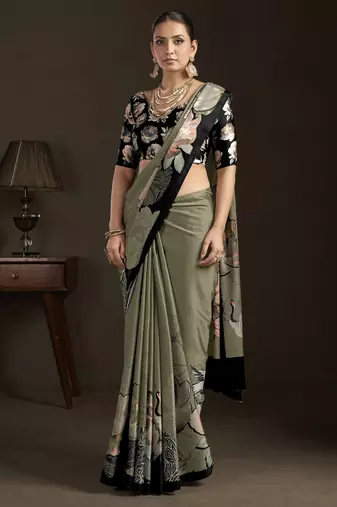 pista stylish digital printed silk blend crepe saree trendy looks
