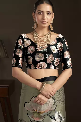 pista stylish digital printed silk blend crepe saree trendy looks
