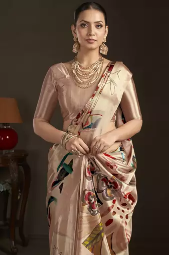 peach stylish digital printed silk blend crepe saree trendy looks