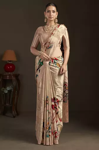 peach stylish digital printed silk blend crepe saree trendy looks