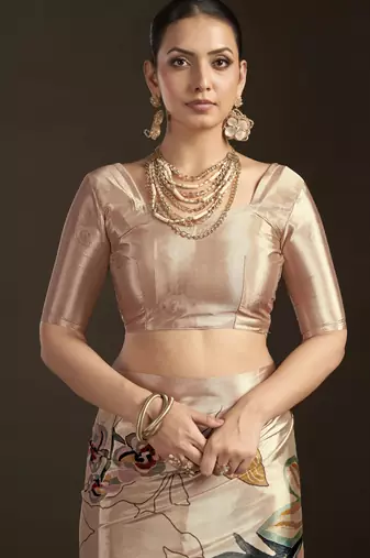 peach stylish digital printed silk blend crepe saree trendy looks