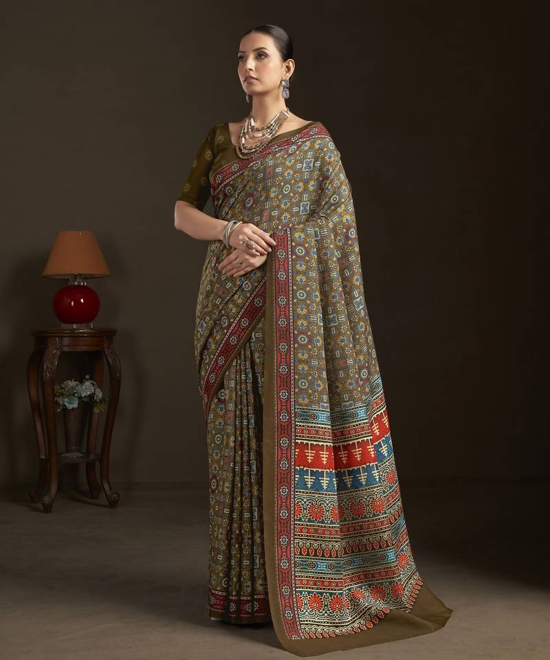 mahendi color stylish digital printed silk blend crepe fabric saree for trendy looks