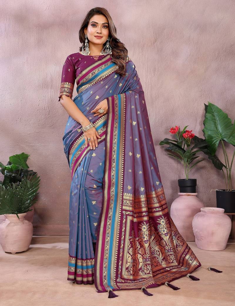 Lavender color handloom silk fabric jacquard weaving designer partywear saree