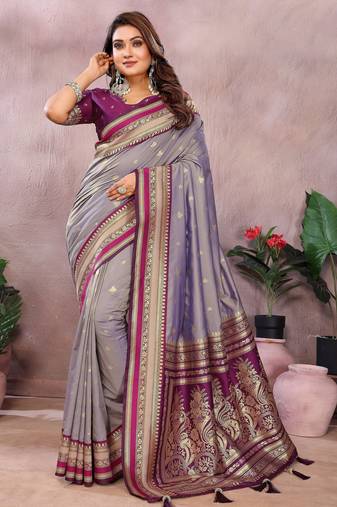 Silver grey color handloom silk fabric jacquard weaving designer partywear saree