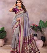 Silver grey color handloom silk fabric jacquard weaving designer partywear saree