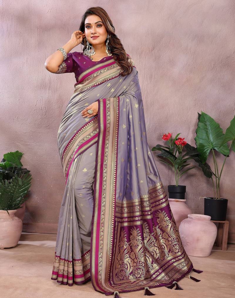 Silver grey color handloom silk fabric jacquard weaving designer partywear saree