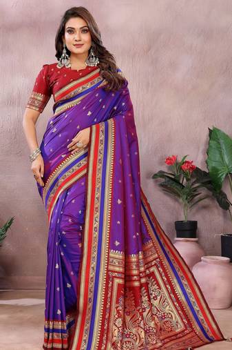 Purple color handloom silk fabric jacquard weaving designer partywear saree