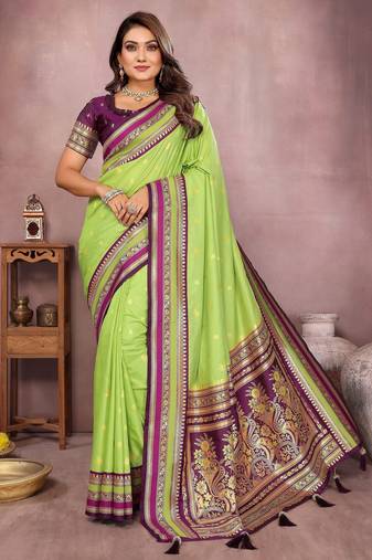 Green color handloom silk fabric jacquard weaving designer partywear saree
