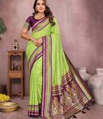 Green color handloom silk fabric jacquard weaving designer partywear saree