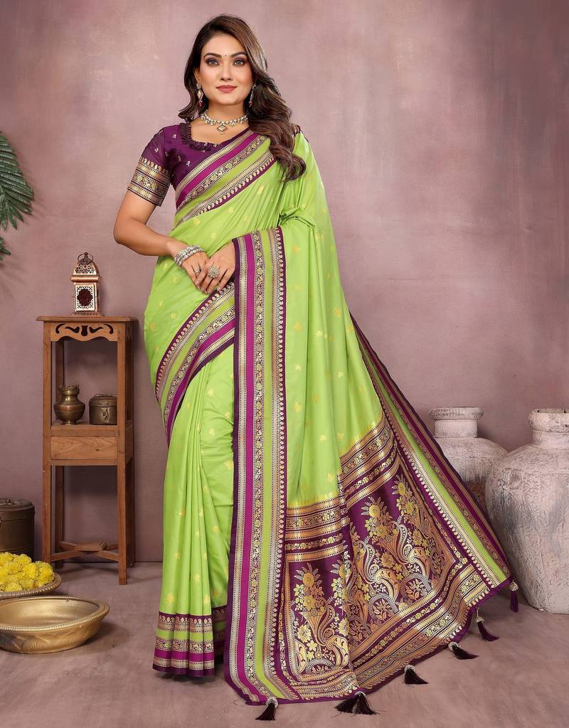 Green color handloom silk fabric jacquard weaving designer partywear saree