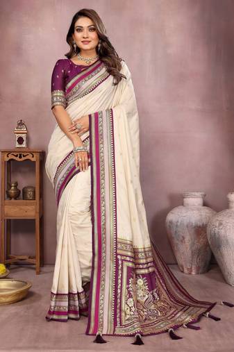 Off white color handloom silk fabric jacquard weaving designer partywear saree