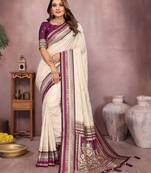Off white color handloom silk fabric jacquard weaving designer partywear saree